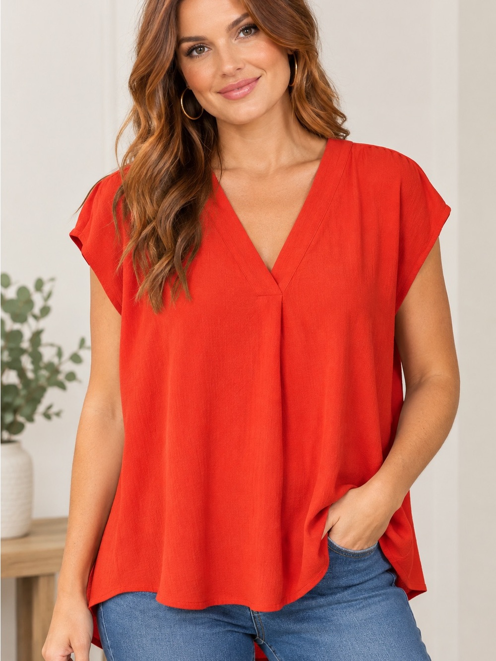 Banana Republic Red V-Neck Cap Sleeve Blouse